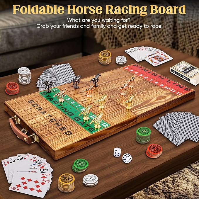 Horse Racing Game, Foldable Solid Wood Horse Games, Horse Race Board Game with 11 Metal Race Horses, Two Dice and Two Boxes of Cards, 2 in 1 Folding Horse Game Board (Folding Version)