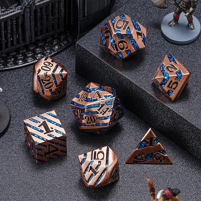 Metallic Glitter Stripes D&D Dice Set,7 PCS Polyhedral Dice Set with Gift Metal Box for Dungeons and Dragons,DND Metal Dice for Tabletop Game (Antique Copper Blue)
