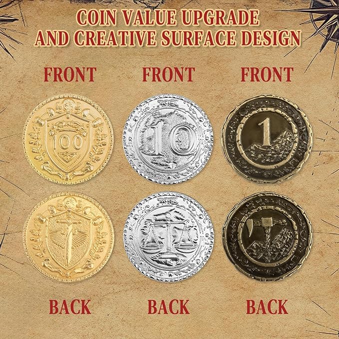 Byhoo 50 PCS Metal DND Coins, 1.2" Gold Silver Copper Tokens with Face Value for Board Game and Tabletop RPG, Fantasy Metal Coins for Pathfinder,Pirate Game Party Cosplay