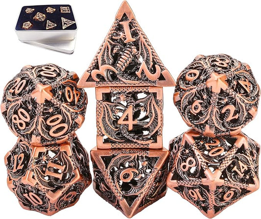 Metal DND Dice Set Dungeons and Dragon Dice Set Hollow Dragon Polyhedral Magic 7 PCS Dice Set with Gift Metal Box for Dungeons and Dragons Table Games Play Cards MTG(Dragon_Ancient Red Copper)