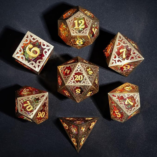 Cusdie 7-Piece Metal Frame Sharp Edges DND Dice Set with Metal Frame- Perfect for Tabletop RPGs Board Games Gifting and Collecting(Red and Yellow)