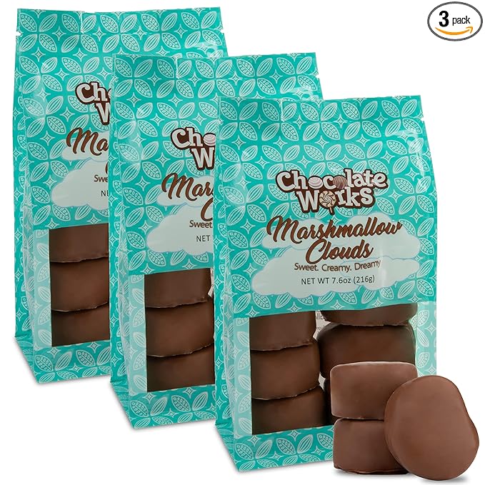 Milk Chocolate Coated Marshmallow Clouds by Chocolate Works, Gourmet Chocolate Candy Basket Gift, Luxury Belgian Chocolate Treats, 3-Pack, 8 per Bag
