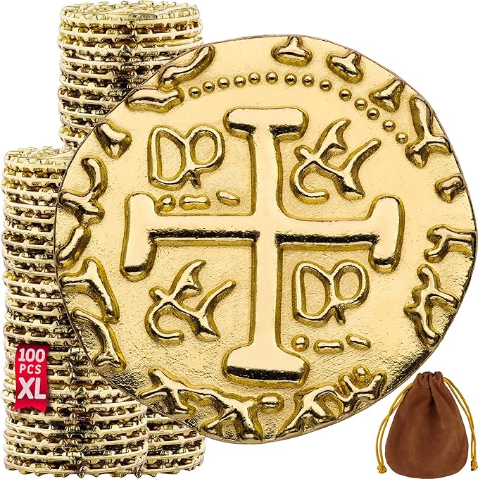 Large Metal Pirate Coins – 100 Gold Treasure Coin Set, Metal Replica Spanish Doubloons for Board Games, Tokens, Toys, Cosplay – Realistic Money Imitation for Treasure Chest - Size 1.18"