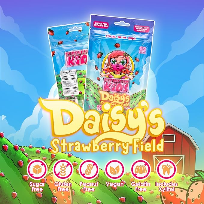 Bubblegum Kids Sugar Free Gum - For Kids and Adults - Vegan Friendly - Retro, Parent Approved Bubble Gum with Burst of Sweet Flavor - Daisy's Strawberry Field (Strawberry 3-Pack)