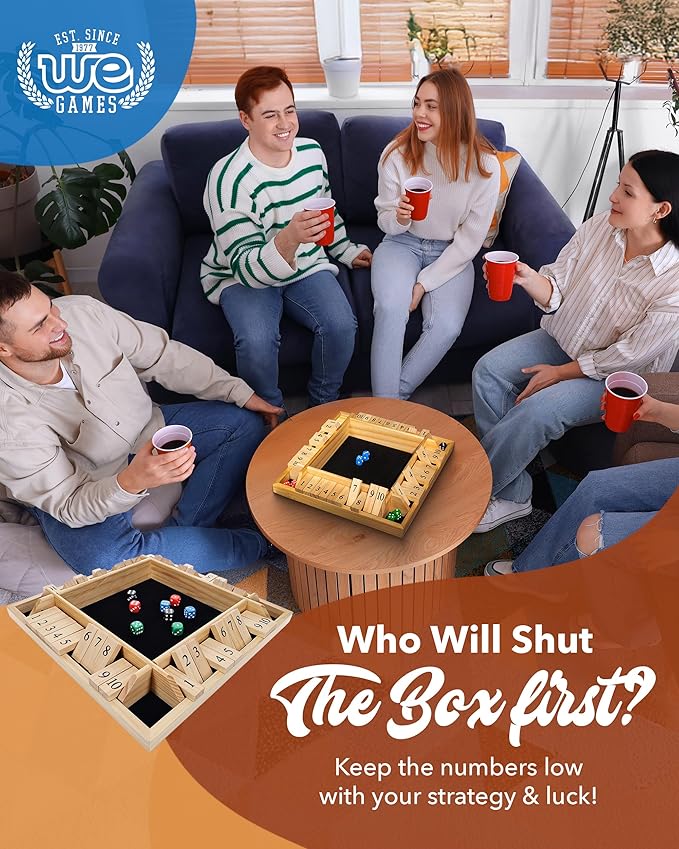 WE Games Wooden Shut The Box Game 4 Player - 10 Number Tiles & 8 Dice - Large 14-Inch, Natural Wood Finish