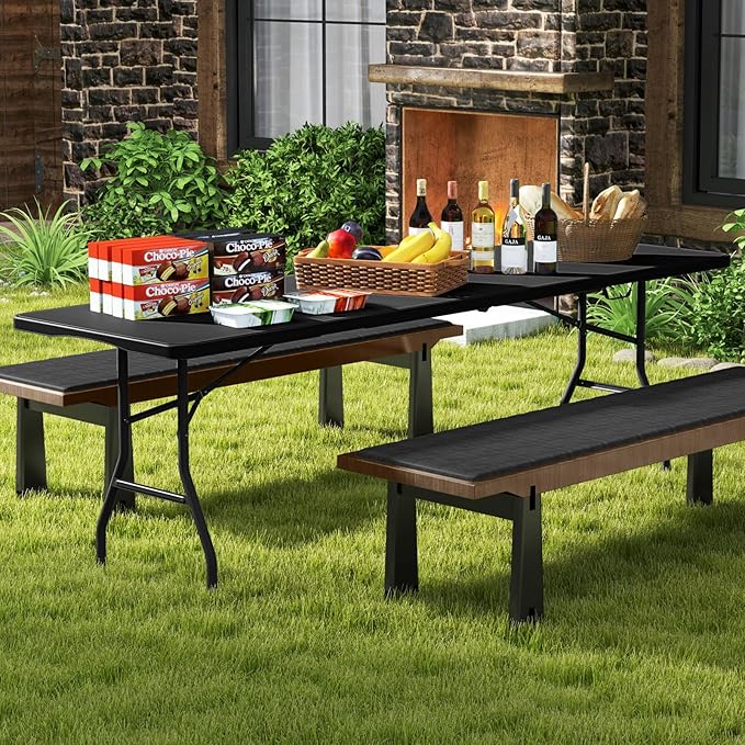 Goplus 8ft Plastic Folding Table, 350 LBS Outdoor Heavy Duty Folding Tables with HDPE Tabletop, Handle, Lock, Foldable Rectangle Portable Utility Card Table for Picnic, Party, Camping, Dining