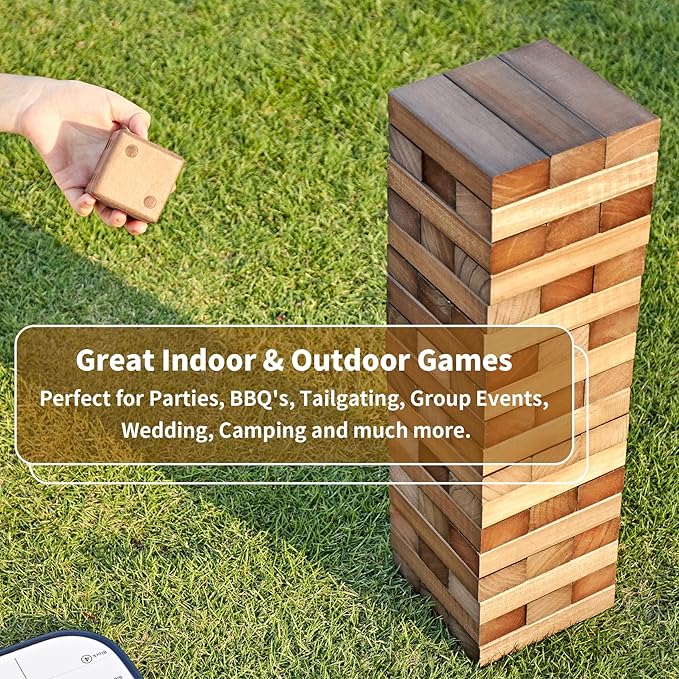 ApudArmis 54 PCS Tumble Timber Set Stack to 3FT, Pine Wooden Tumble Tower Game with Dice and Scoreboard Set - Classic Block Stacking Board Game for Teens Children Teenagers (Brown)