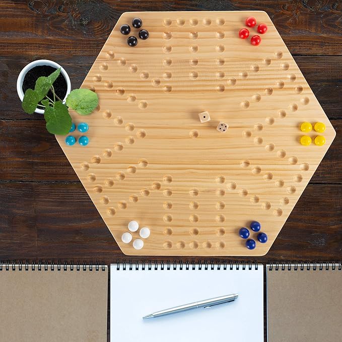 Hey! Play! Classic Wooden Strategic Thinking Game-Complete Set with Board, 24 Colored Marbles, 2 Dice-Fun Vintage 6-Player Game for Kids and Adults