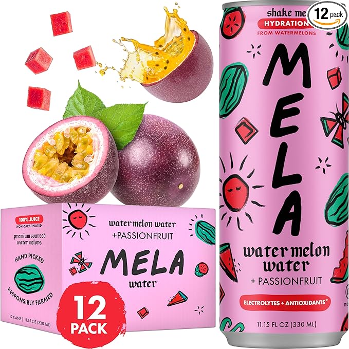 Mela Watermelon Water (12-Pack) - Natural Watermelon Juice Drink with Vitamin C, Electrolytes, Antioxidants - Coconut Water Alternative, Real Fruit Juice, Gluten-Free (Passionfruit, 11.15 fl oz)