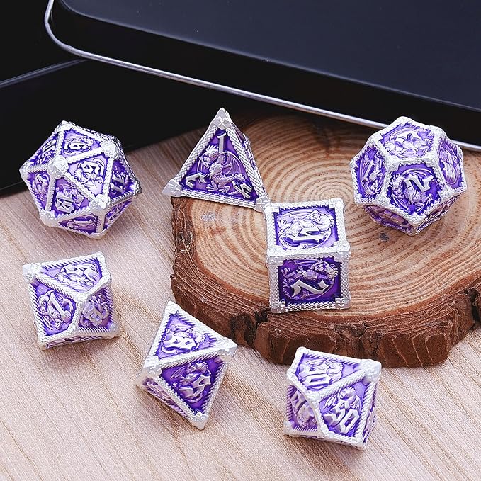 AUSTOR 7-Die Metal DND Dice Set Dungeons and Dragons Polyhedral Roll Playing Dice with Box D20 D12 D10 D% D8 D6 D4 for Pathfinder MTG RPG Board Games