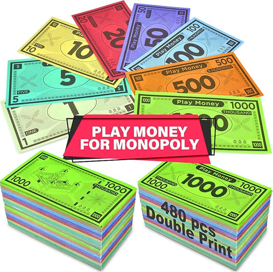 Queensell Play Money Suitable for Monopoly Board Game – 480 pcs of 60 Each Bill Denomination – Double Sides Printing Paper Money for Pretend Play Cashier, Monopoly Money Refill Packs - 480 pcs