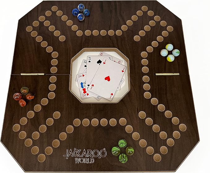 Jackaroo Board Game - 2-4 Player Marbles Strategy Game - Marble Chase Game - Carbles Board Game with Cards - Jokers and Marbles board game - Wahoo Wooden Board Foldable and Open in The Middle (Walnut)