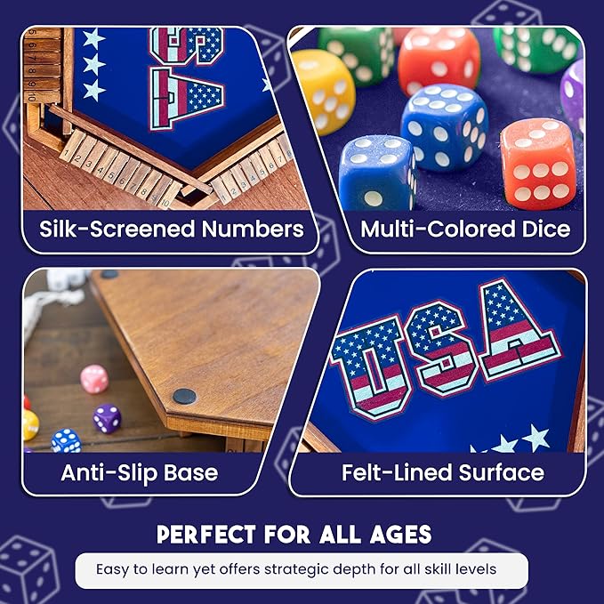 Sam & Evie Shut The Box Game for 1–6 Players | USA Design - Close The Box Game Wooden with 16 Colorful Dices | Easy to Play Classic Board Games for Adults, Families and Kids