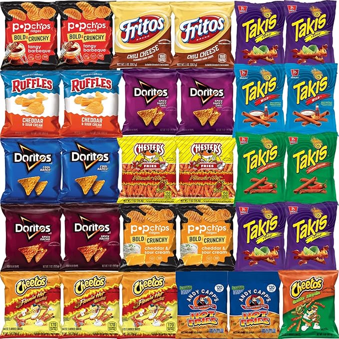 Hot Chips Snacks Variety Pack for Adults - Fiery Spicy Snack Bag Care Package - Gift Box Bulk Assortment (30 pack)