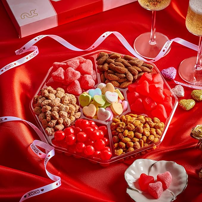 NUT CRAVINGS - Mixed Nuts & Heart Candy Gift Basket in Red Gold Box (7 Assortments, 1 LB) Food Arrangement, Healthy Snack Care Package, Kosher