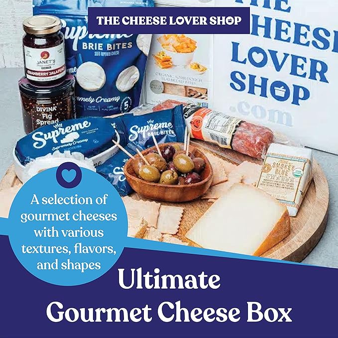 The Cheese Lover Shop Ultimate Box, Platter with 6 Gourmet Cheeses and 6 Accompaniments, Cheese Sampler Gift Set