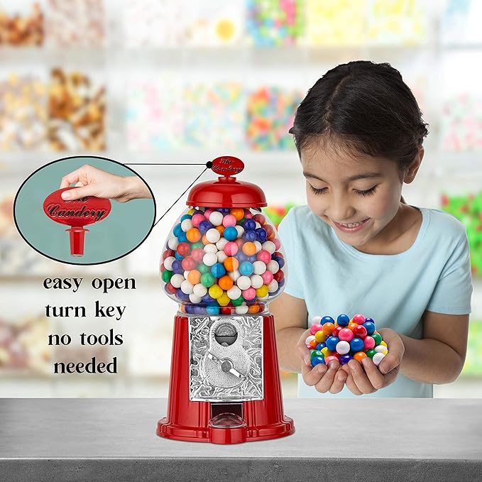 Gumball Machine - 12 Inch Candy Dispenser for 0.62 Inch Bubble Gum Ball and More - Vintage Heavy Duty Red Metal with Large Glass Ball- Easy Twist-Off Refill - Free or Coin Operated - by The Candery