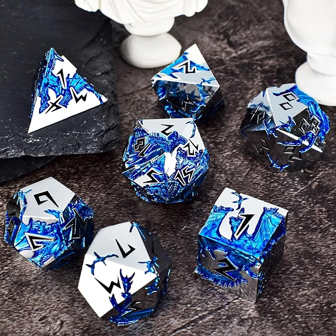 Rule Dice - D&D Dice Set, Metal Dice Sets, Dungeons and Dragons Dice Set with Gift Box, D20 D4 D12 D10 D% D8 D6, Blue Dragon Style Gaming DND Dice for MTG RPG TTPRG (Silver Black)