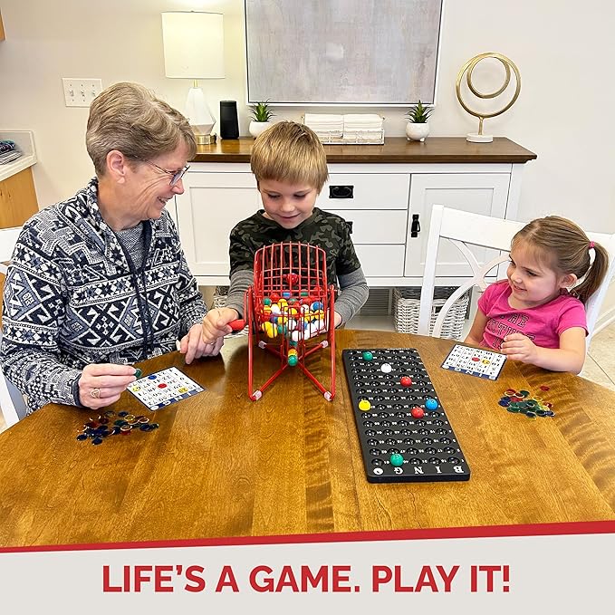 MR CHIPS 11" Tall Bingo Set with Steel Cage Professional Game Everlasting 7/8” Balls, 18 Cards and 300 Chips - Lucky Red Color