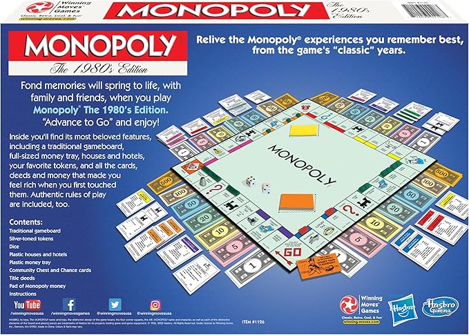 Monopoly The 1980's Edition With Original 1980's Artwork & Components incl. All Classic Tokens, by Winning Moves Games USA, Classic Family Board Game with Classic Tokens, for 2 to 8 Players, Ages 8+