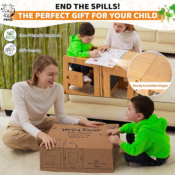 Montessori Inspired Bamboo 4 in 1 Convertible Toddler Tower with Storage and Safety Net, Foldable Learning Standing Tower, Activity Table and Step Stool for Toddlers 1-3