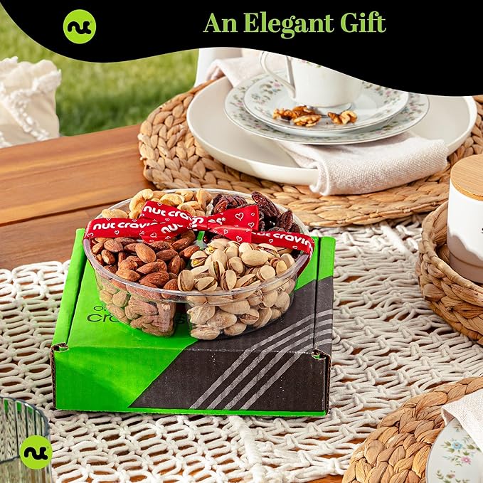NUT CRAVINGS - Mixed Nuts Gift Basket + Heart Ribbon (4 Assortments) Food Arrangement, Healthy Snack Care Package, Kosher