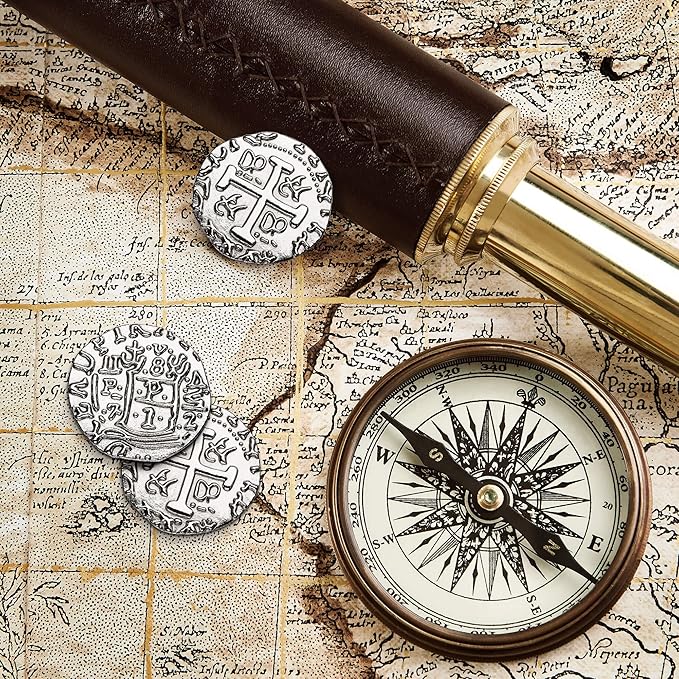 Large Silver Metal Pirate Coins - 35 Silver Treasure Coin Set, Metal Replica Spanish Doubloons for Board Games, Tokens, Toys, Cosplay - Realistic Money Imitation, Pirate Treasure Chest - Size: 1.06"