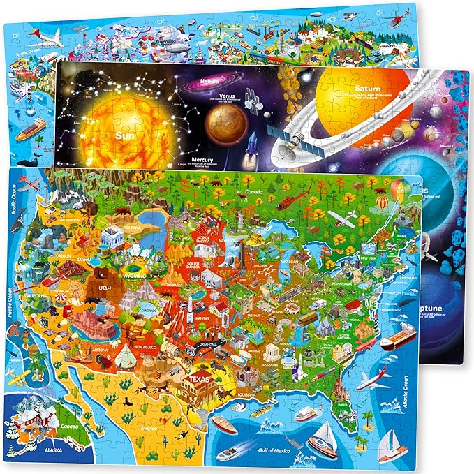 QUOKKA Puzzles for Adults 500 Pieces - 3 Set Floor Puzzles for Kids Ages 8-10 - Learning Map of The United States World Space - Educational Games for Kids 6-8 - Toys for 12 Year Old Boys and Girls