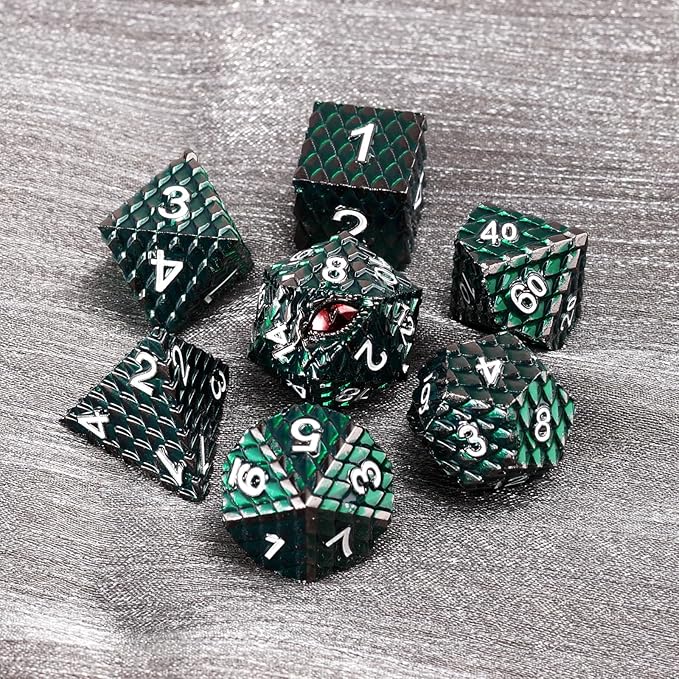 Metal Dice Set D&D,7 PCS Dragon Scale Metallic DND Dice Set,Dragon Eye Metal Dice with Grogeous Gift Case for Dungeons and Dragon Tabletop Game (Dark Green Dragon Scale & Red Eye)