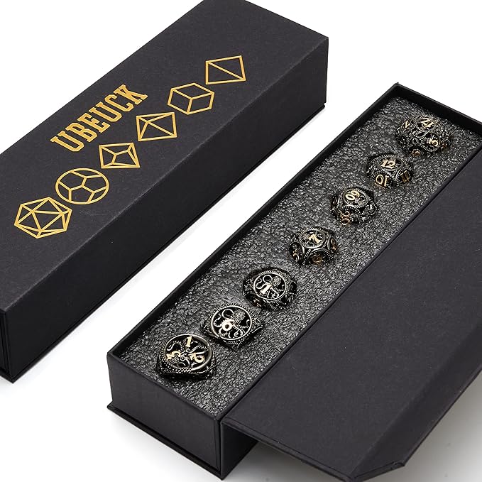DND Dice,Hollow D&D Metal Dice,Unique Round Ball Design Octopus Dice with Gift Box for Dungeons & Dragon Gaming,7 PCs Steampunk Polyhedral D and D Dic(Ball Octopus Black Gold)