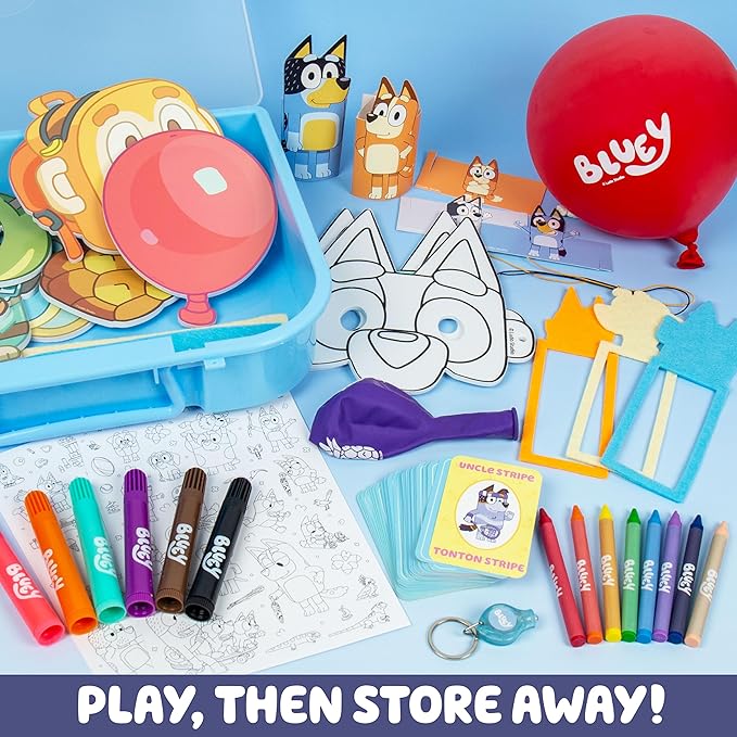 Bluey Imagination Case, 15 Games & Activities, Travel-Friendly Bluey Playset With Markers, Crayons, Balloons, Puppets & Games for 3 Year Olds, Fun Bluey Toys & Toddler Games, Bluey Party Decorations