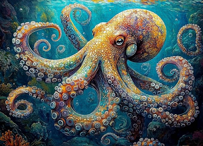 1000 Piece Puzzle for Adults - Deep Blue Octopus Jigsaw Puzzle, Intricate Underwater Art, Adult Challenge, Includes Poster & Storage Box