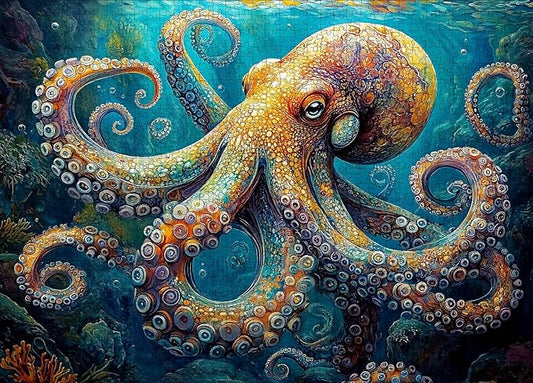1000 Piece Puzzle for Adults - Deep Blue Octopus Jigsaw Puzzle, Intricate Underwater Art, Adult Challenge, Includes Poster & Storage Box