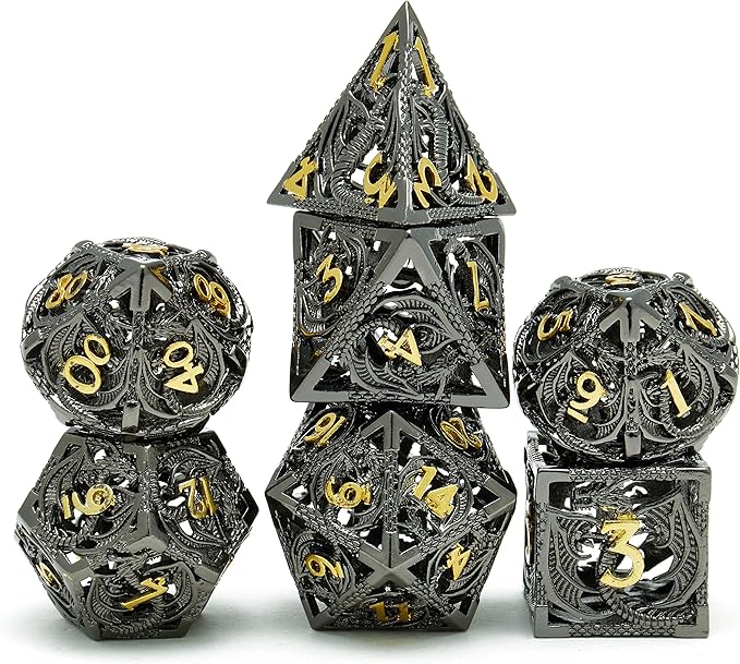 Metal DND Dragon Dice Set Dungeons and Dragons for Role Playing Games (RPG) MTG Pathfinder Tabletop Games(Black Gold)