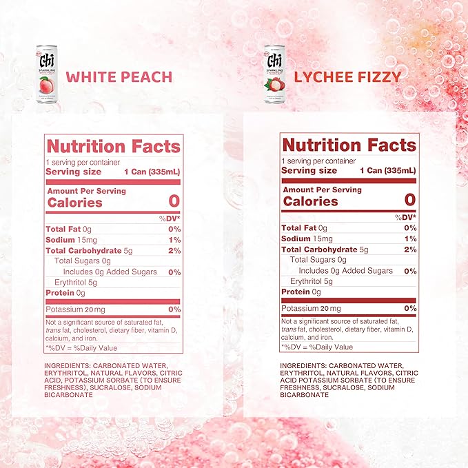 CHI FOREST Sparkling Water Beverage, Lychee & White Peach, 2 Flavors, Zero Sugar, 12 fl oz Cans (Pack of 24)