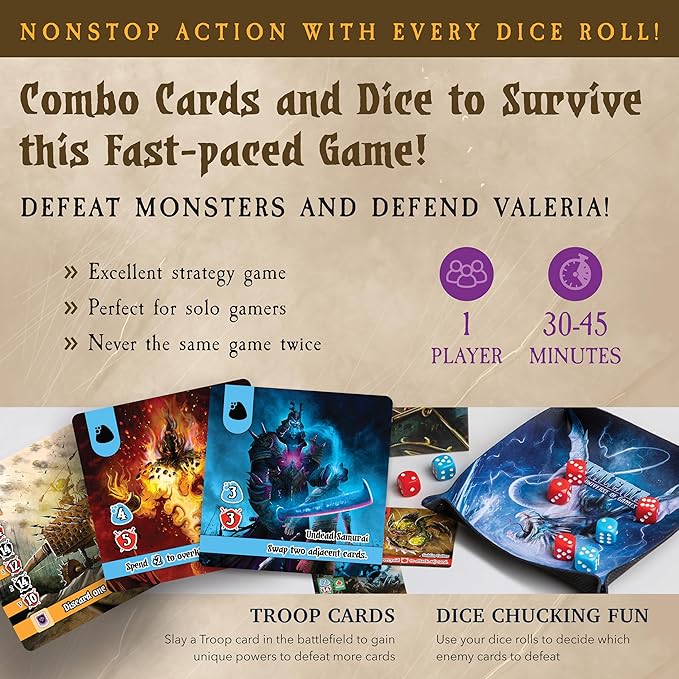 Siege of Valeria Board Game - Tower Defense Solo Board Game with Dice Rolling and Combo Cards. Single Player Fun with Fast Paced Gameplay