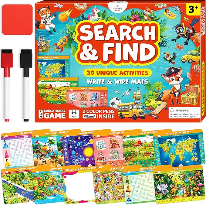 Search & Find Reusable Activity Mats for Preschool Learning – 30 Educational Find It Games for Kids Ages 3-8 – Interactive Dry Erase Mats – Seek & Find Toys for Toddler & Kindergarten
