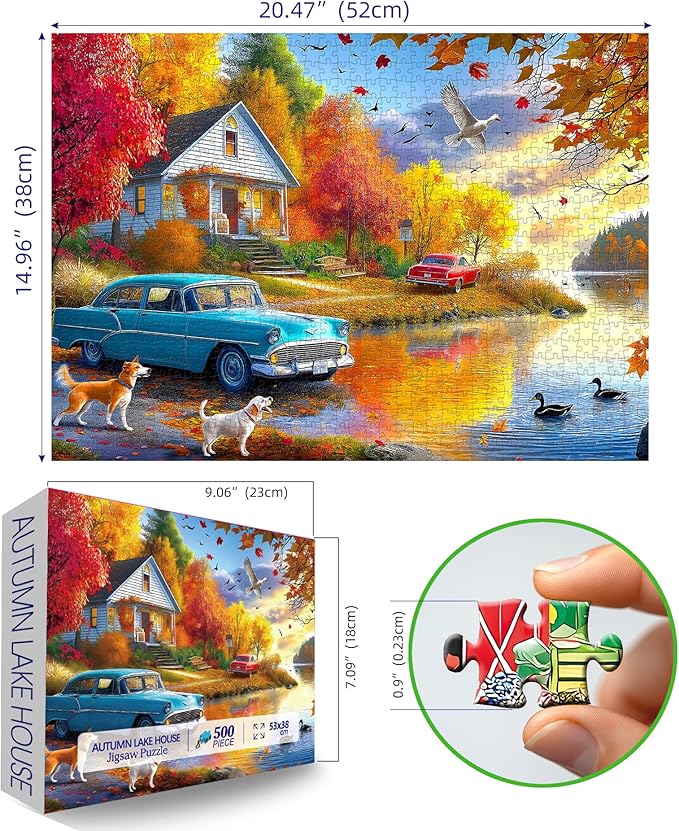 500 Piece Puzzles for Adults Autumn Lakeside House Jigsaw Puzzles for Adults Fall Village Landscape Jigsaw Puzzles 500 Pieces Challenging Family Puzzle for Women Men Seniors Size is (21"x15")