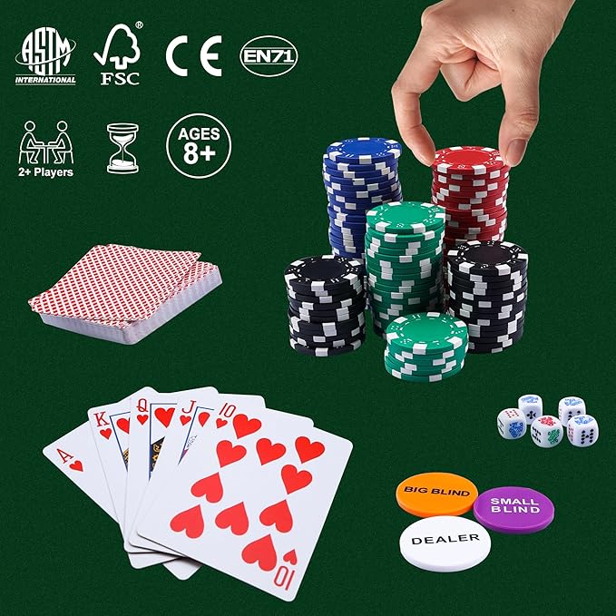 GOTHINK Classic Poker Chip Starter Game Set with 100 Professional Poker Chips, 2 Deck of Cards, 5 Dices & 3 Buttons, Poker Set Suitable for Texas Hold'em Blackjack Gambling Adults Kids Beginners