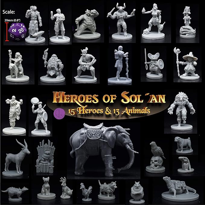 Heroes, NPC Animal Companions & Troll King for DND Miniatures Bulk 28mm-32mm Unpainted Paintable Dungeons and Dragons Minis Pathfinder Figures for Fantasy Tabletop Roleplaying Games like D&D