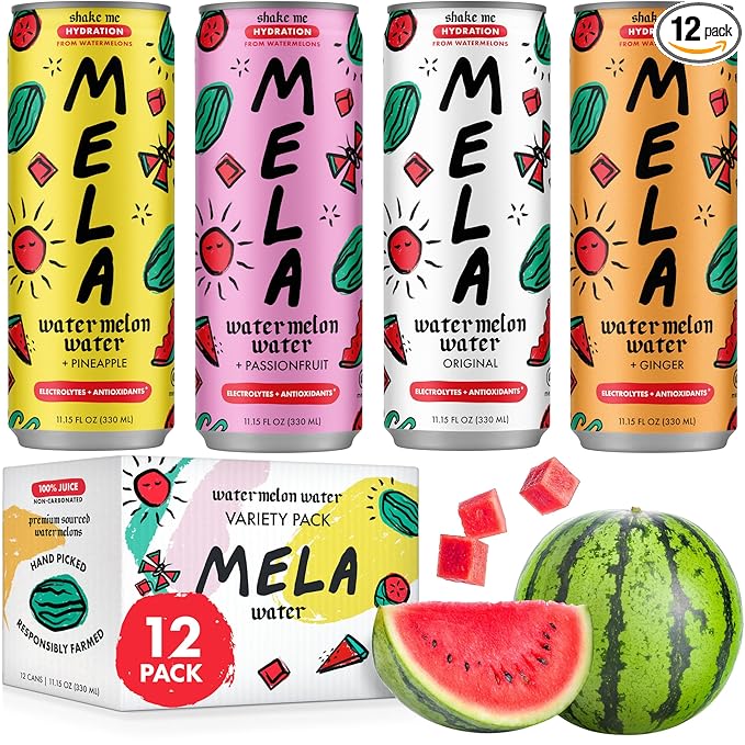 Mela Watermelon Water - Hydrating Juice Drink w/Vitamin C, Electrolytes & Antioxidants - Non-GMO, Gluten-Free, Real Fruit Juice (Variety, 11.15 fl oz, 12-Pack)