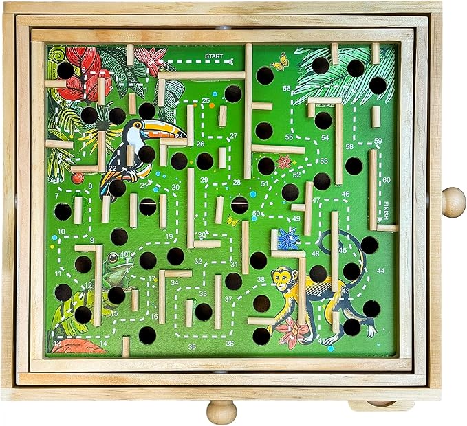 STERLING Games Wooden Labyrinth Jungle Nature Theme Tilt Maze Game with Marble Ball and 60 Waypoints for 6 Years Up, 13.5" x 13" Board