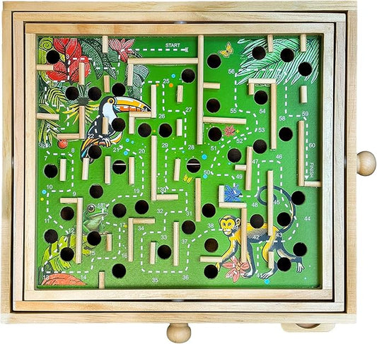 STERLING Games Wooden Labyrinth Jungle Nature Theme Tilt Maze Game with Marble Ball and 60 Waypoints for 6 Years Up, 13.5" x 13" Board