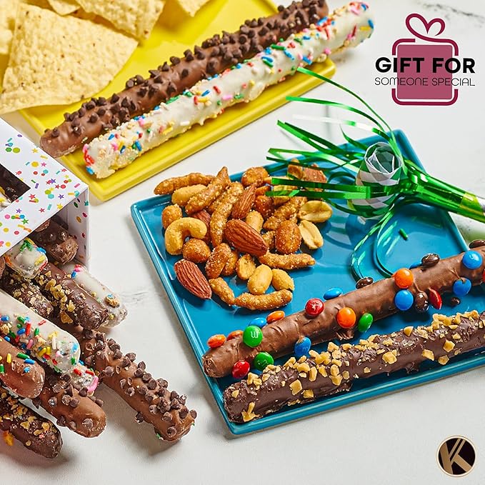 KREMERY Creamy Chocolate Cravings - Birthday Treats, Chocolate Covered Pretzel Rods Gift Basket, in Confetti Tower + Greeting Card (10 Pretzels, Assorted Sweet Toppings) Kosher Dairy, USA Made