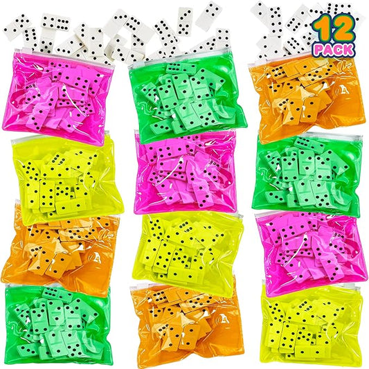 ArtCreativity Domino Game Set - Pack of 12 - Each Domino Set Includes 28 Pieces Per Neon Pink, Yellow, Green and Orange Bags - Great School, Carnival Prizes - Awesome Party Favor - Fun Game for Kids