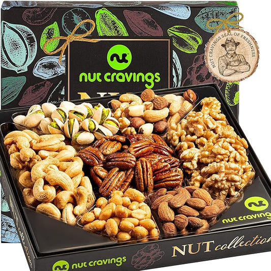 NUT CRAVINGS - Nut Collection Gift Basket in Elegant Box (7 Assortments) Food Arrangement, Healthy Snack Care Package, Kosher