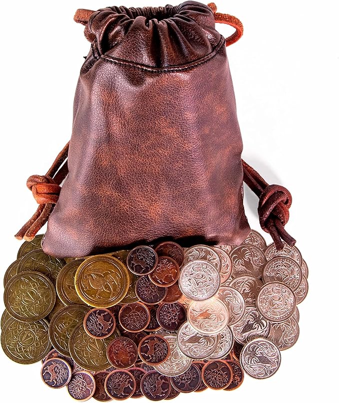 The Dragon's Hoard: 60 Real Metal Fantasy Coins with Leather Pouch | Board Game Accessory for Tabletop RPG Role-Play Strategy Games | Bronze, Silver, and Gold Colored Coins