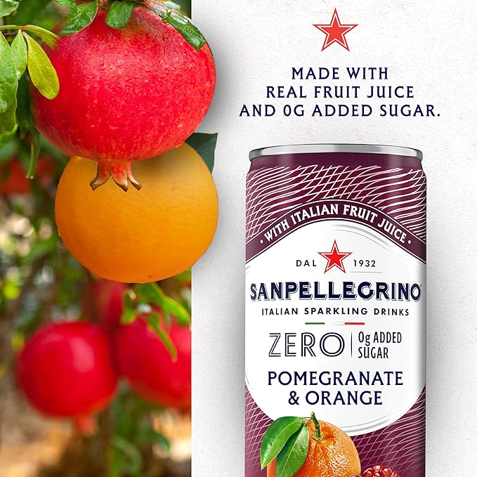 Sanpellegrino Zero Grams Added Sugar Pomegranate & Orange Italian Sparkling Drink, 24 Pack Of 11.15 Fl Oz Cans, Sanpellegrino Italian Sparkling Drinks, Low-Calorie Fruit Juice Beverages