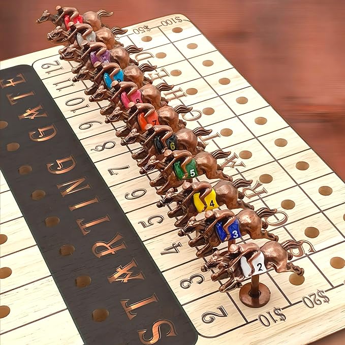 New Metal Horses Race Board Game With 11 Horses, 2 Dice and 2 Card Boxes - Thick Luxurious Wood Chessboard - Adult Party and Family Game Night