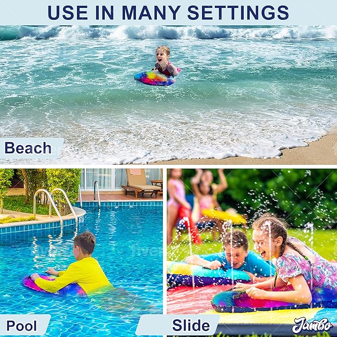 JAMBO Inflatable Surf Body Board with Handles, Boogie Board for Beach, Surfing Swimming Floating Surfboard Boards, Pool Floats Pool Beach Toy for Kids (Water Color Bodyboard) - 1 Pack